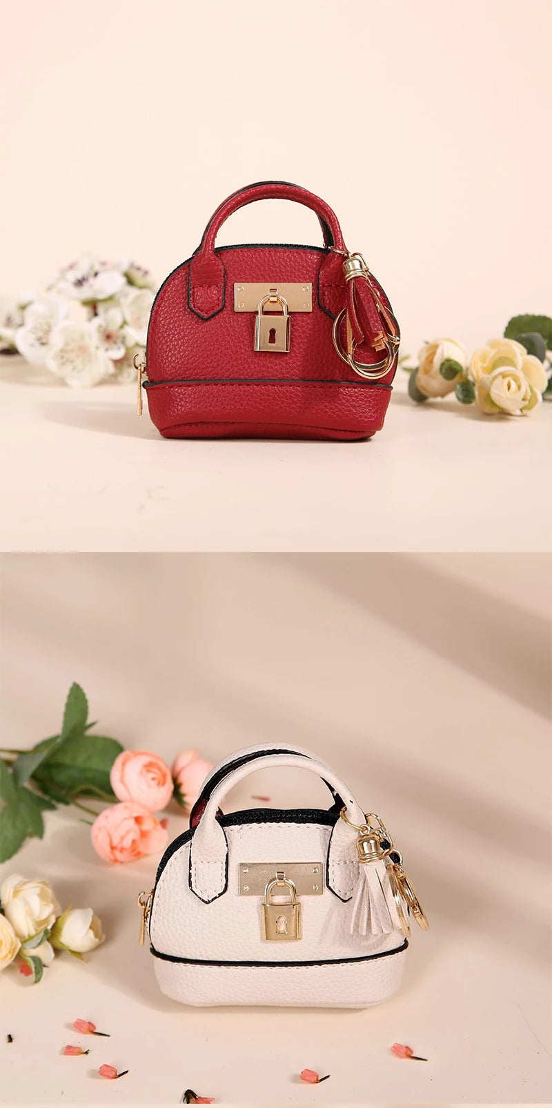Portefeuille en métal PVC rouge de luxe avec fermoir doré et sangle en cuir, à côté d'une version blanche.