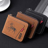 A brown leather card clip wallet with a horse silhouette design and a black leather card clip wallet are displayed on a dark 
