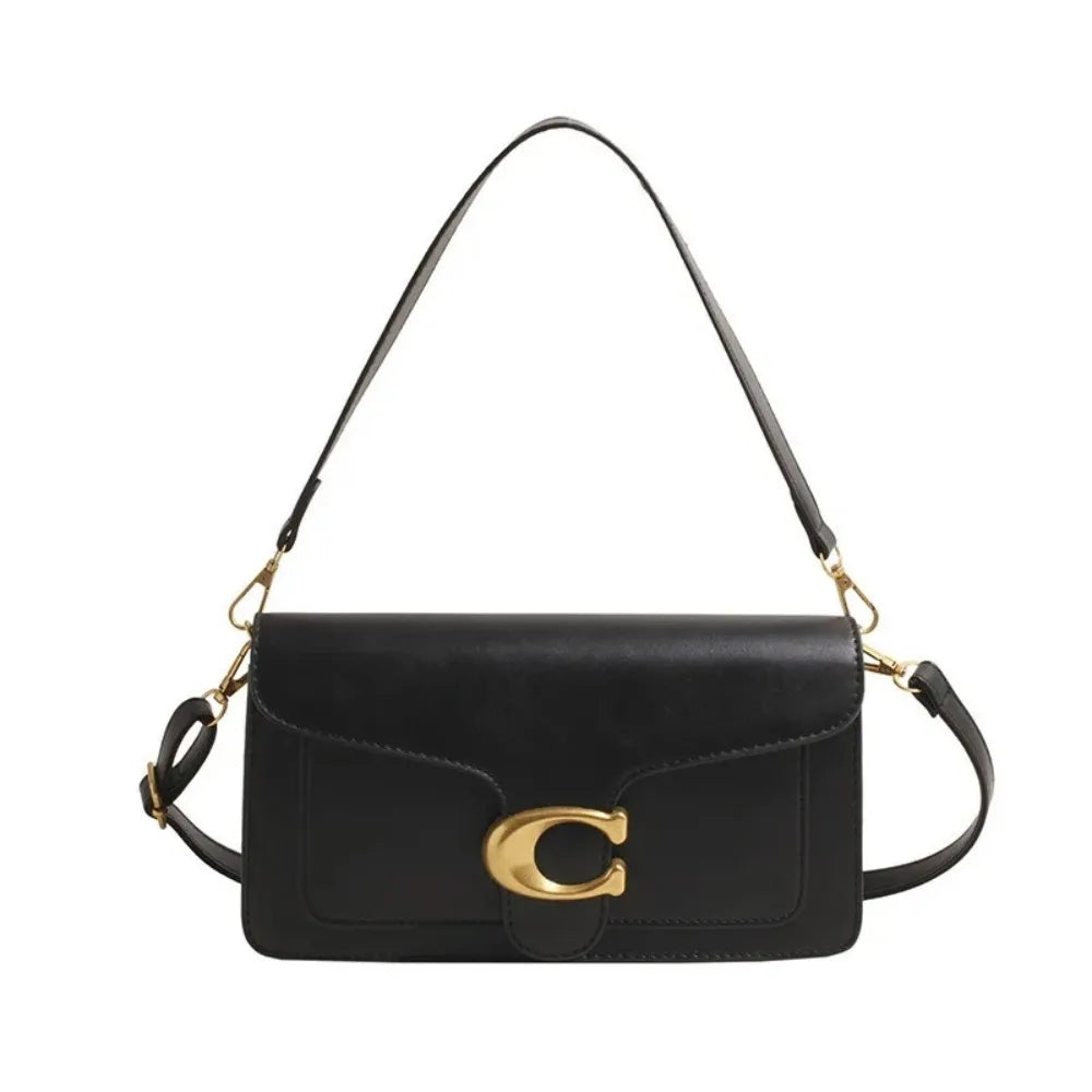 A black women's premium textured shoulder bag with a gold-toned chain strap.