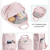 Pink versatile backpack showing various pockets including a padded laptop compartment, front zippered pocket, easy-access fro