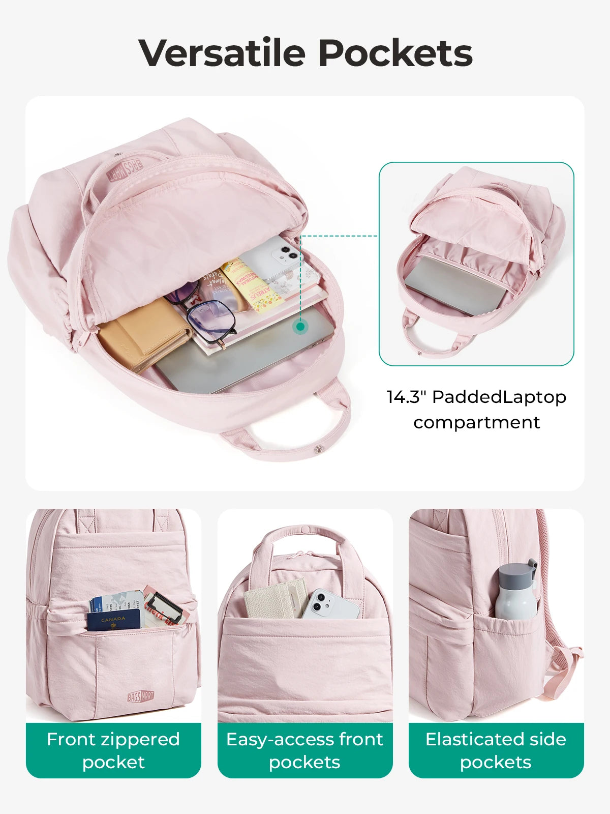 Pink versatile backpack showing various pockets including a padded laptop compartment, front zippered pocket, easy-access fro