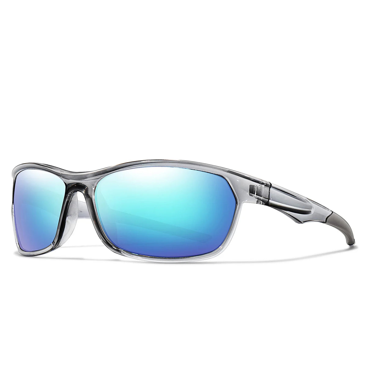 Gafas deportivas con lentes espejados azules y marco de plata
