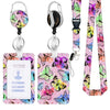 A set of pink and green floral patterned badge reels with silver clasps and black neck straps.