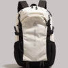 A white and black durable 80L waterproof hiking backpack viewed from the back.
