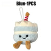 Blue bread plush keychain with a striped decoration and a hanging chain