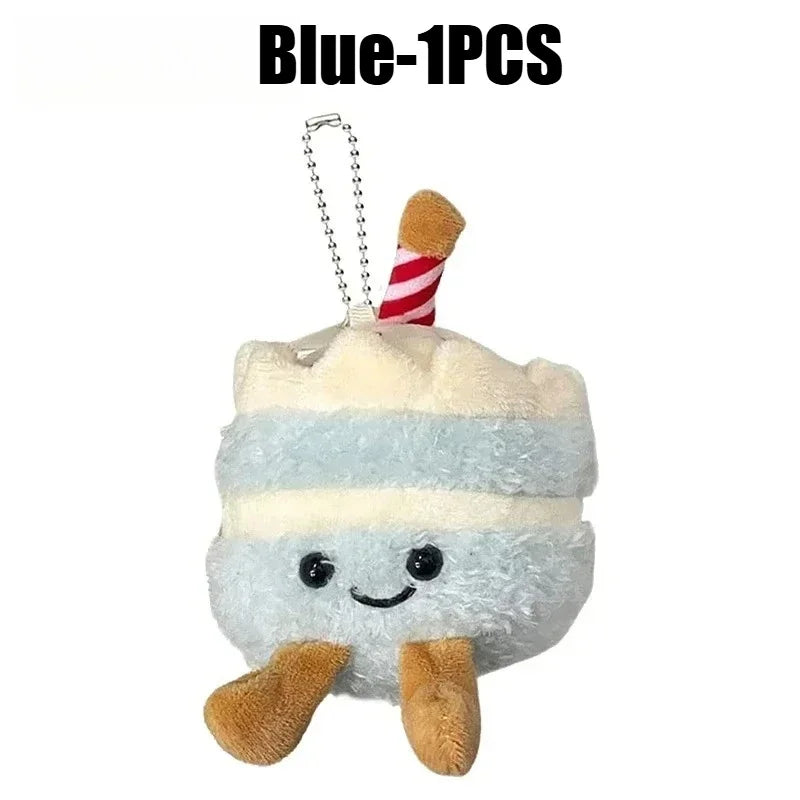 Blue bread plush keychain with a striped decoration and a hanging chain