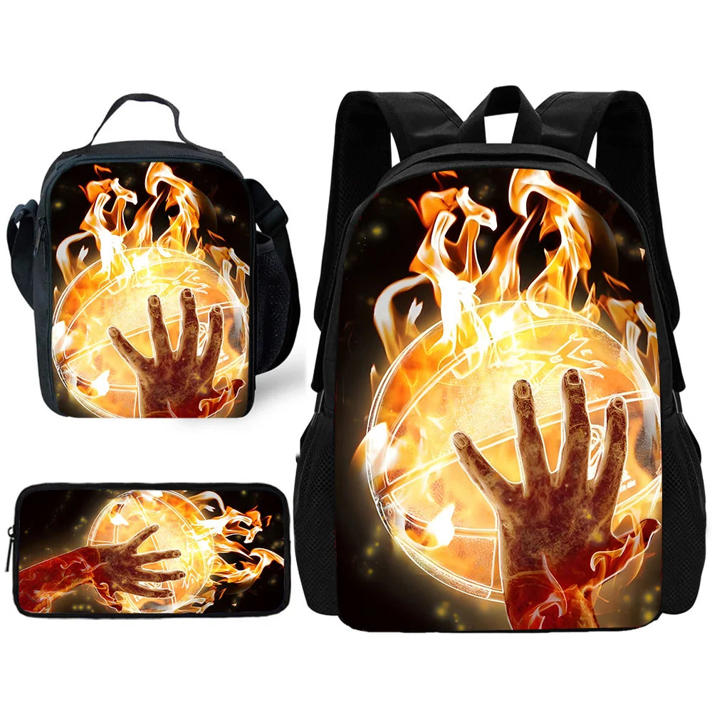 A black backpack featuring a graphic of a hand engulfed in bright orange and yellow flames.