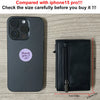 A black smartphone is shown next to a black leather card holder wallet with dimensions marked.