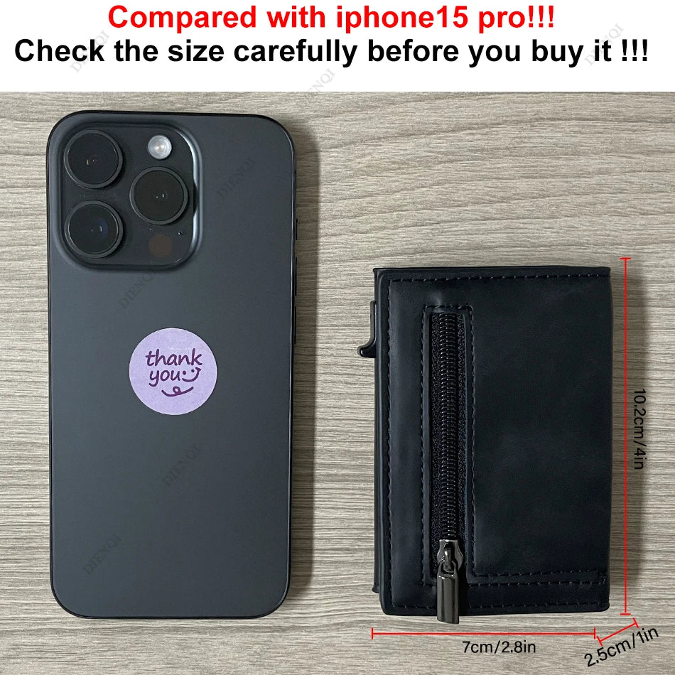 A black smartphone is shown next to a black leather card holder wallet with dimensions marked.