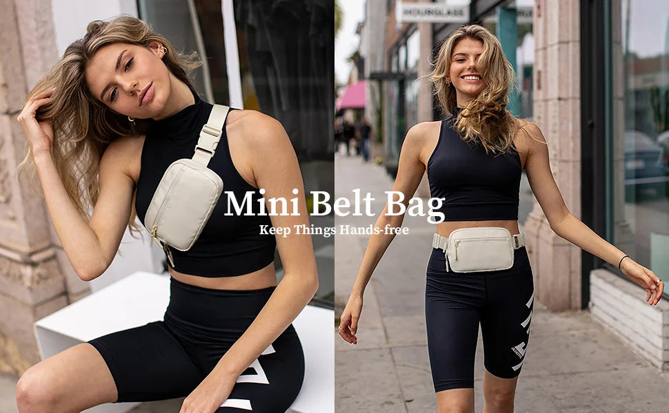 A woman models a Mini Belt Bag in beige against a dark outfit, showing its design and fit.