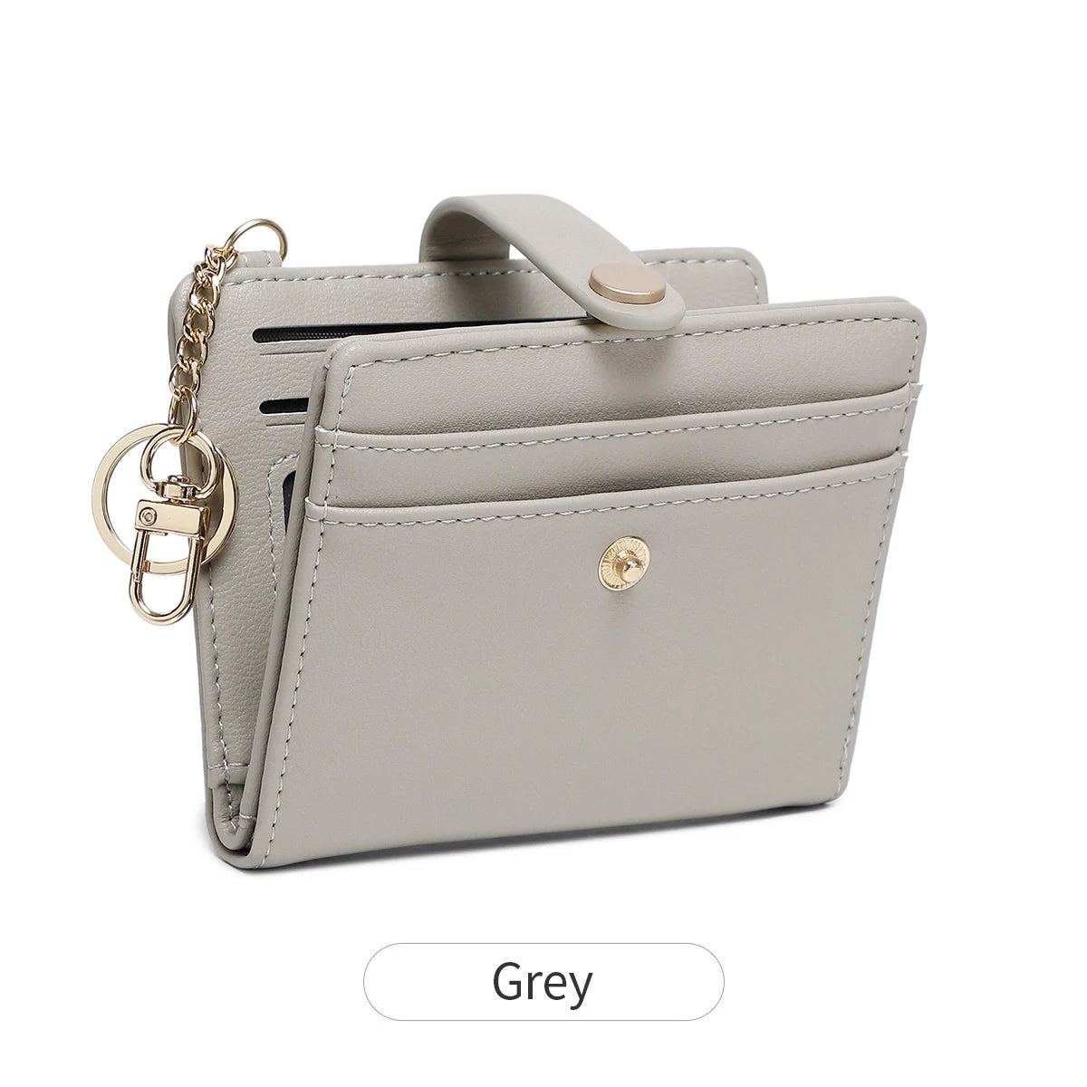 A light grey minimalist wallet with a leather strap and gold chain detail.