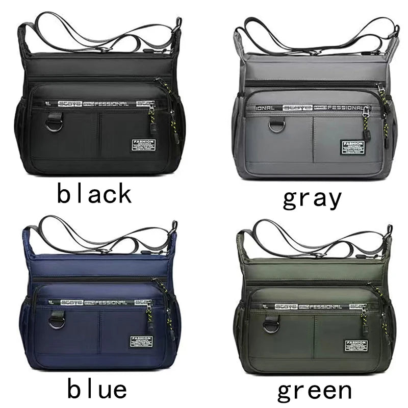 A set of five men's business crossbody bags in black, gray, blue, and green.