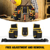 A black utility tool belt bag with yellow accents is shown alongside a black adjustable strap.