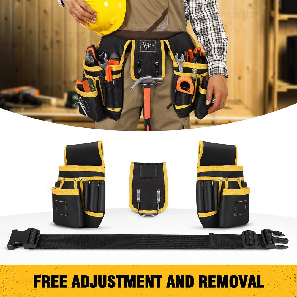 A black utility tool belt bag with yellow accents is shown alongside a black adjustable strap.