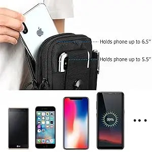 A black tactical EDC waist pouch holding a smartphone, demonstrating its capacity to hold phones up to 6.5 and 5.5 inches.