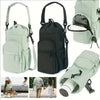 Insulated water bottle crossbody bag in light green and black with a phone pocket shown in various angles.
