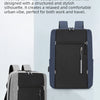 A dark blue commuter backpack shown in two views, highlighting its structured silhouette and features.