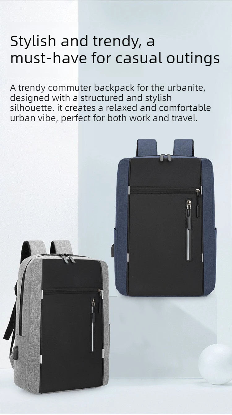 A dark blue commuter backpack shown in two views, highlighting its structured silhouette and features.