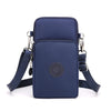 A navy blue compact nylon crossbody phone bag with an adjustable strap and a circular logo.
