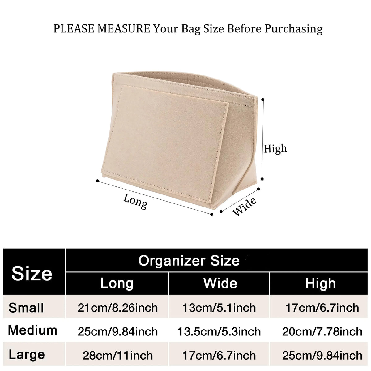 Diagram showing the dimensions of a felt insert bag organizer in small, medium, and large sizes.