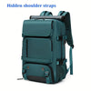 A teal waterproof travel backpack with hidden shoulder straps shown from the top.