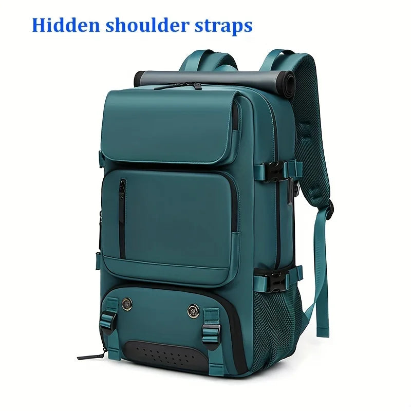 A teal waterproof travel backpack with hidden shoulder straps shown from the top.