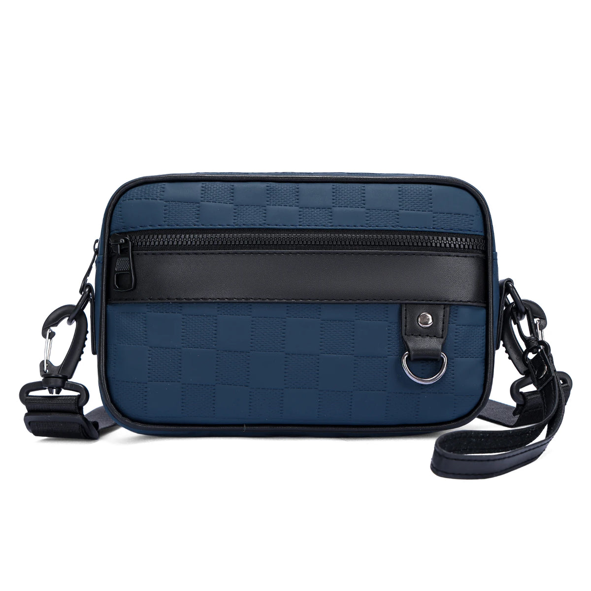A navy blue men's PU leather crossbody bag with a black trim and adjustable strap.