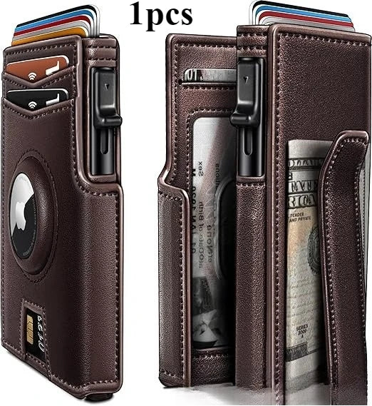 Cartera de aluminio marrón oscuro para hombre con múltiples compartimentos para tarjetas y efectivo.