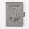 A grey genuine PU leather passport and ticket wallet cover featuring a world map silhouette.