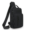 A black lightweight chest bag with a strap and multiple zippered pockets.
