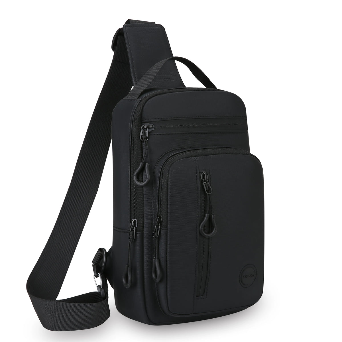 A black lightweight chest bag with a strap and multiple zippered pockets.