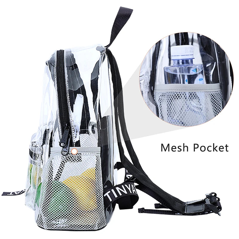 A clear mesh capacity backpack with a mesh pocket shown alongside its components.
