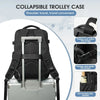 Black collapsible trolley case backpack with a silver suitcase visible.