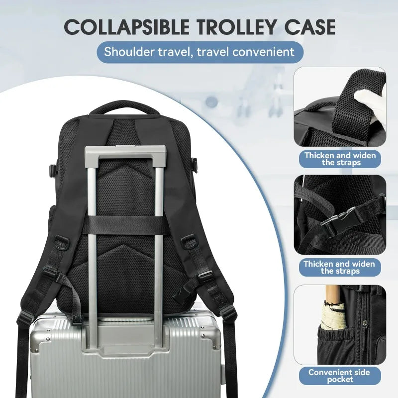 Black collapsible trolley case backpack with a silver suitcase visible.