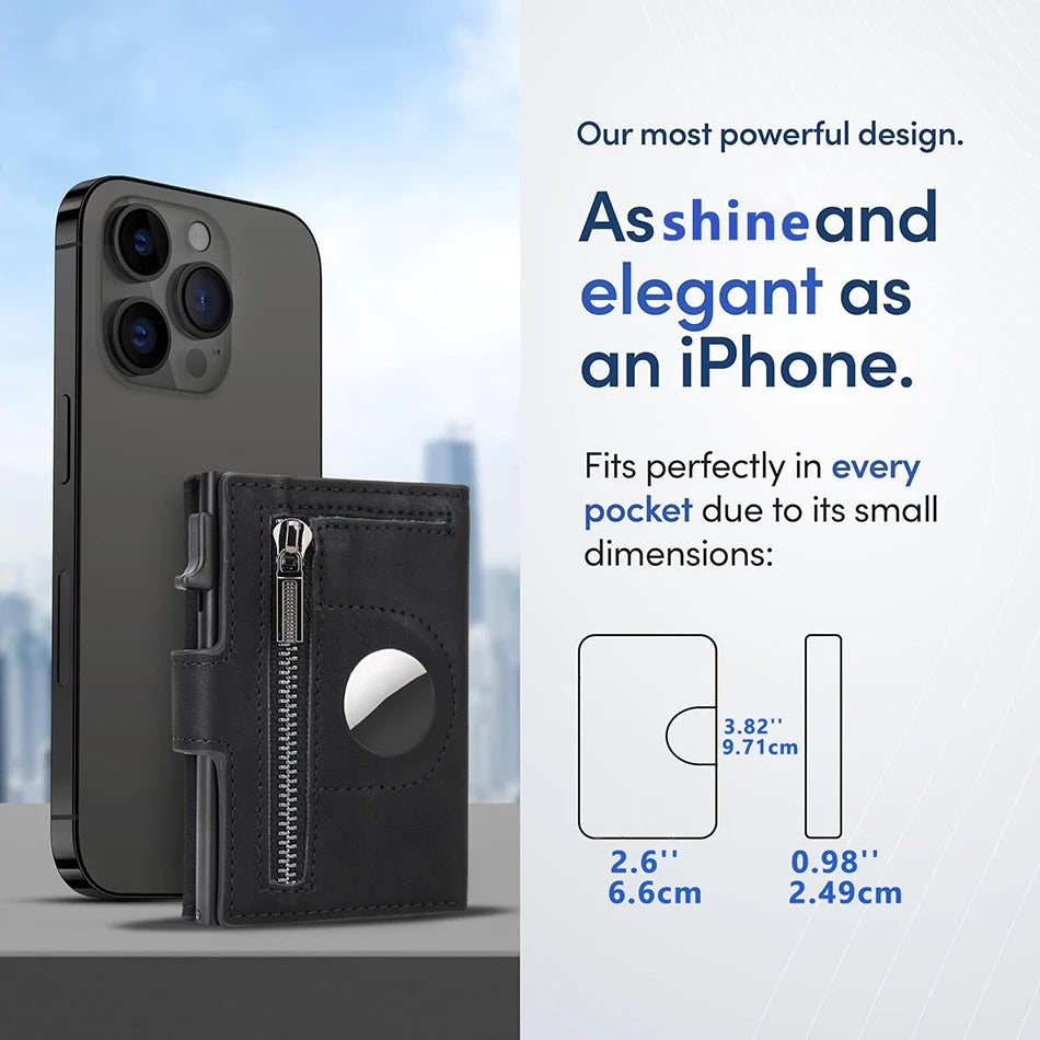 A black leather wallet is shown next to an iPhone, highlighting its slim dimensions and design.