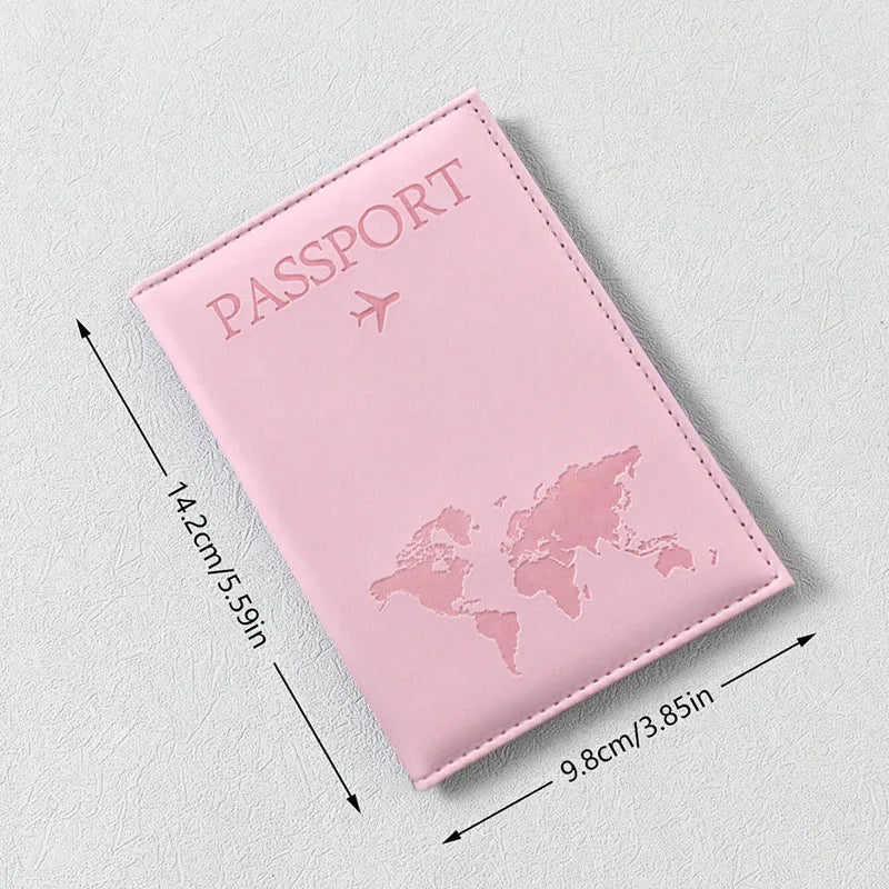 Couverture de passeport en cuir PU rose avec une silhouette de colombe représentant la carte du monde et un avion.