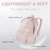 Lightweight and soft pink laptop backpack shown with dimensions.
