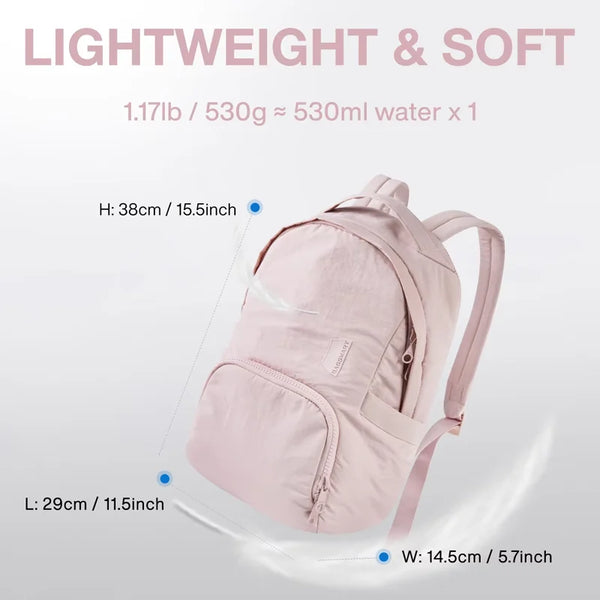 Lightweight and soft pink laptop backpack shown with dimensions.