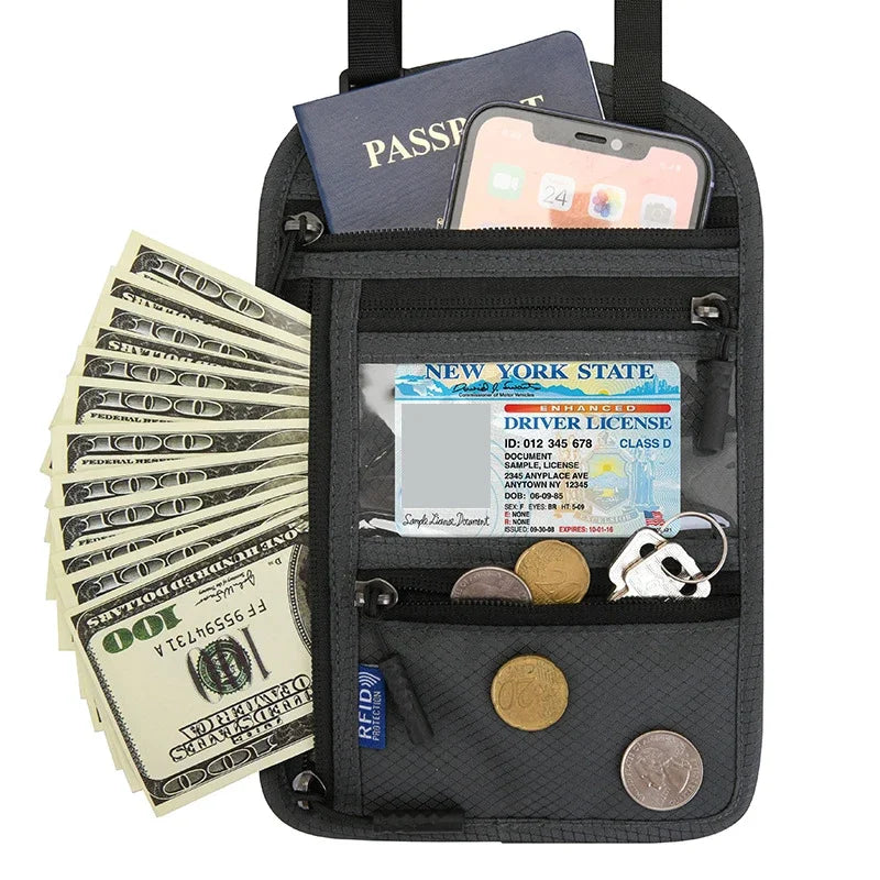 A black RFID blocking neck wallet is shown holding a driver's license, credit cards, and cash.