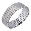 A silver stainless steel expansion watch band shown on a white background.
