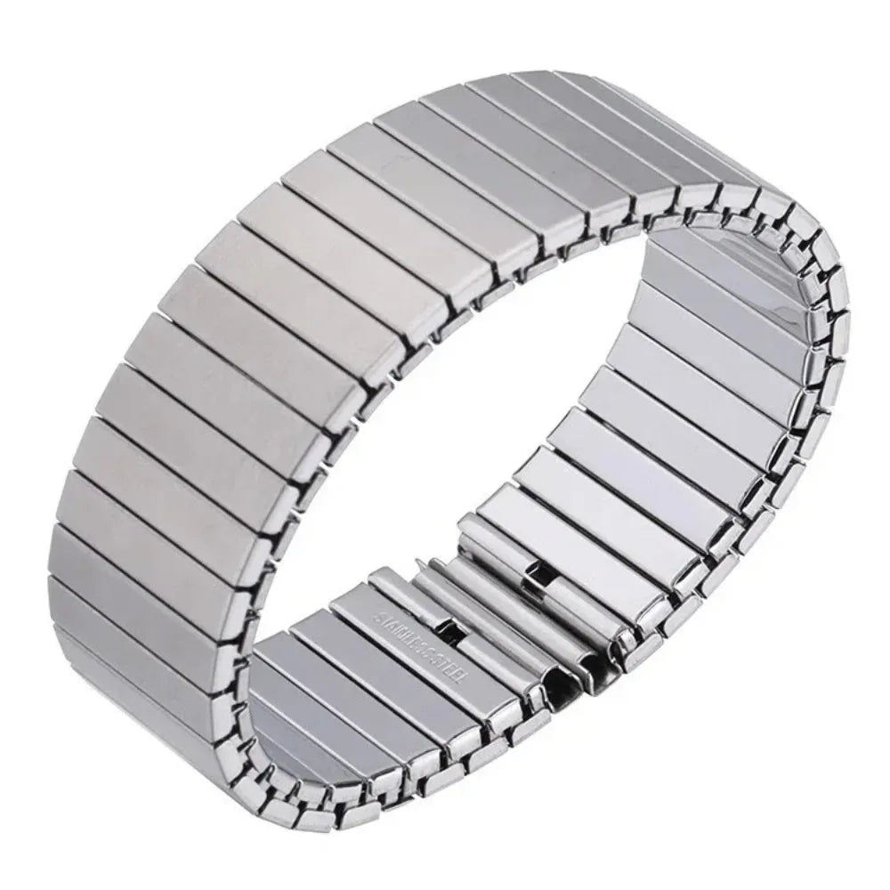 A silver stainless steel expansion watch band shown on a white background.