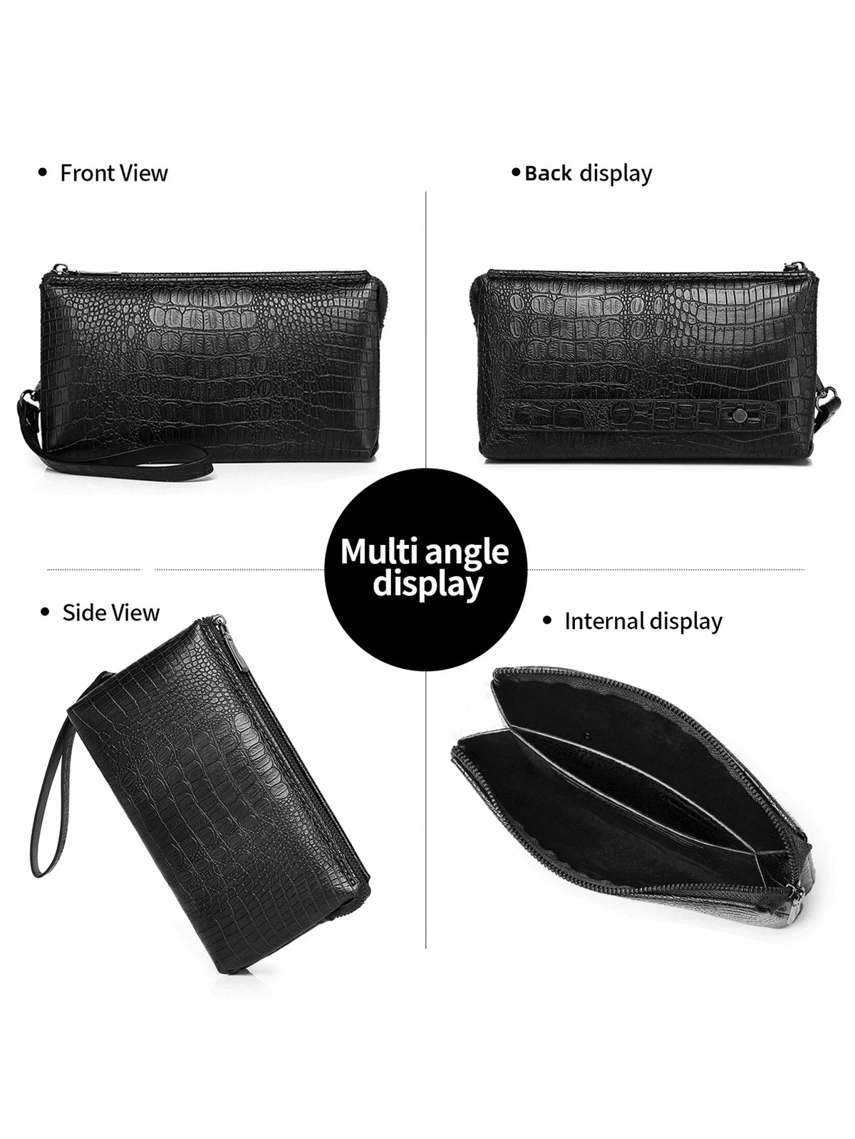 Clutch de estampado de cocodrilo negro, mostrado desde la parte delantera, trasera, lateral y vista interior.