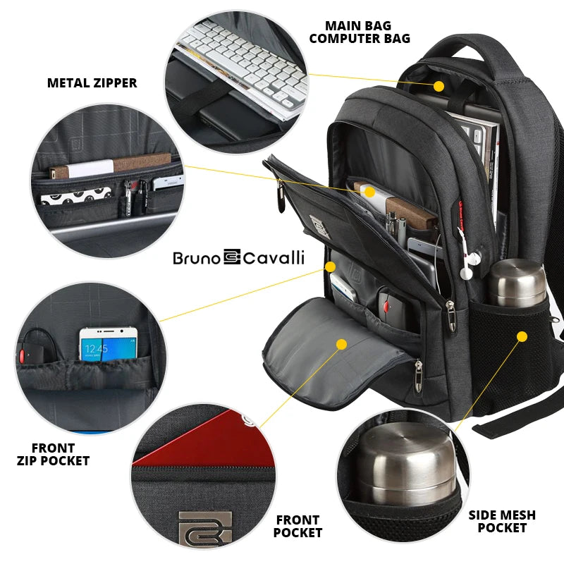Schwarzer Laptop-Rucksack mit Metallreißverschluss, vorderen und seitlichen Mesh-Taschen.