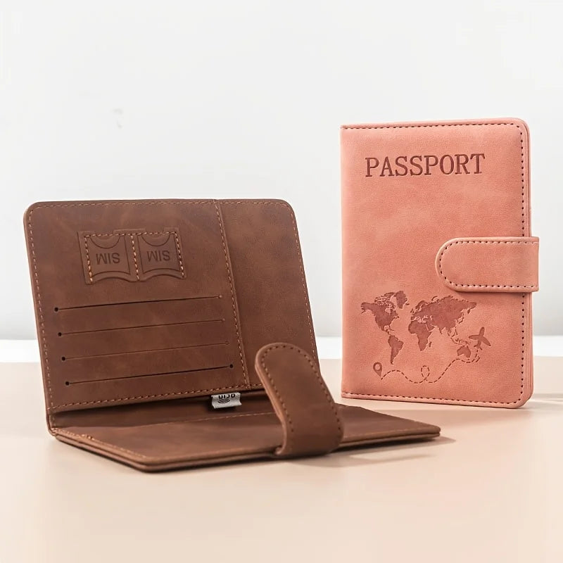 A brown leather passport wallet with a flap and embossed text is shown on a light surface.