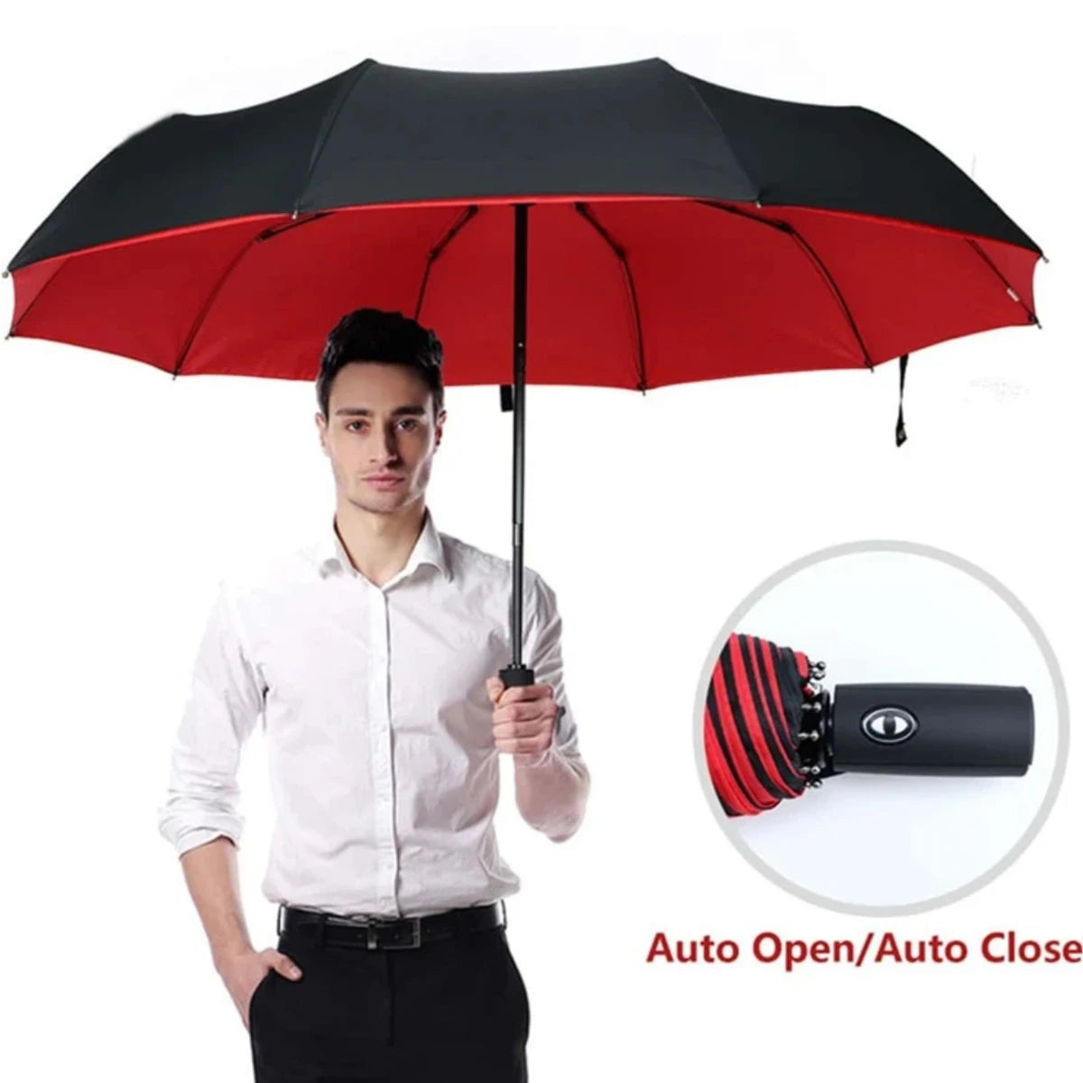 A man holds a black umbrella with red canopy, demonstrating the auto open/close feature.