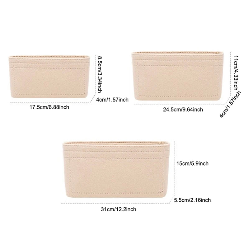 A set of beige felt bag inserts and organizers for handbags shown in various sizes.