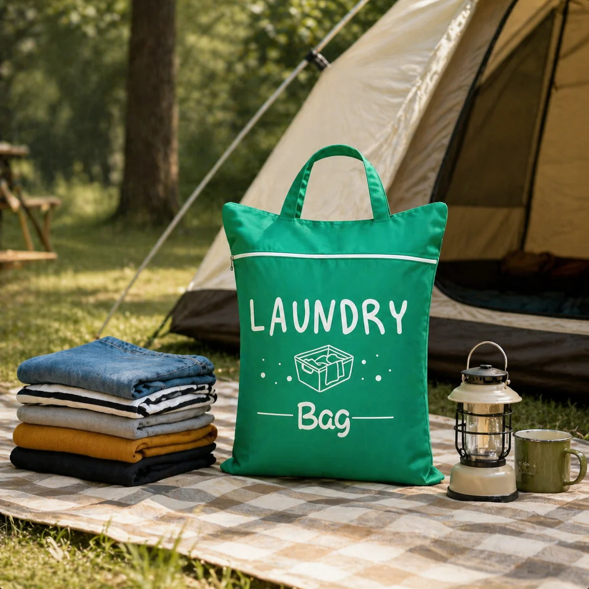 A bright green laundry bag with a box graphic rests on a picnic blanket outdoors next to a tent and a lantern.
