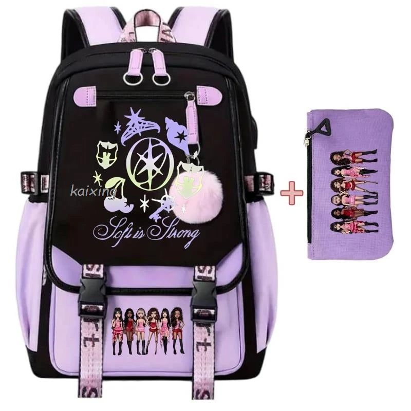 A purple and black canvas backpack featuring a funny print design and storage pockets.