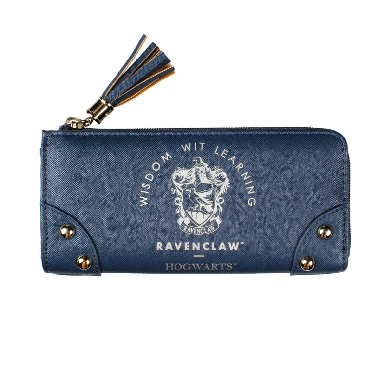 Dunkelblaue Leder-Kartenträger-Geldbörse mit Quaste, featuring das Ravenclaw- und Hogwarts-Branding.