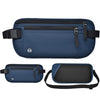 Bolsa para dinero con bloqueo RFID de color azul marino, mostrada en tres vistas.